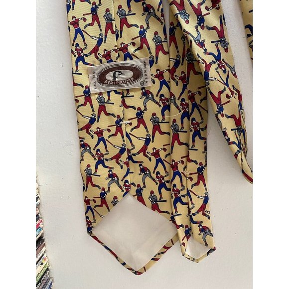 Vintage Bert Pulitzer 100% Silk Tie Baseball Sport Theme Yellow Red Blue USA - Picture 4 of 5